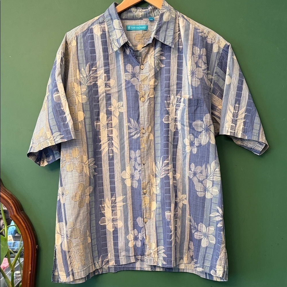Tori Richard Mens XL Aloha Multi Blue Tropical Striped Woven Vacation Beach